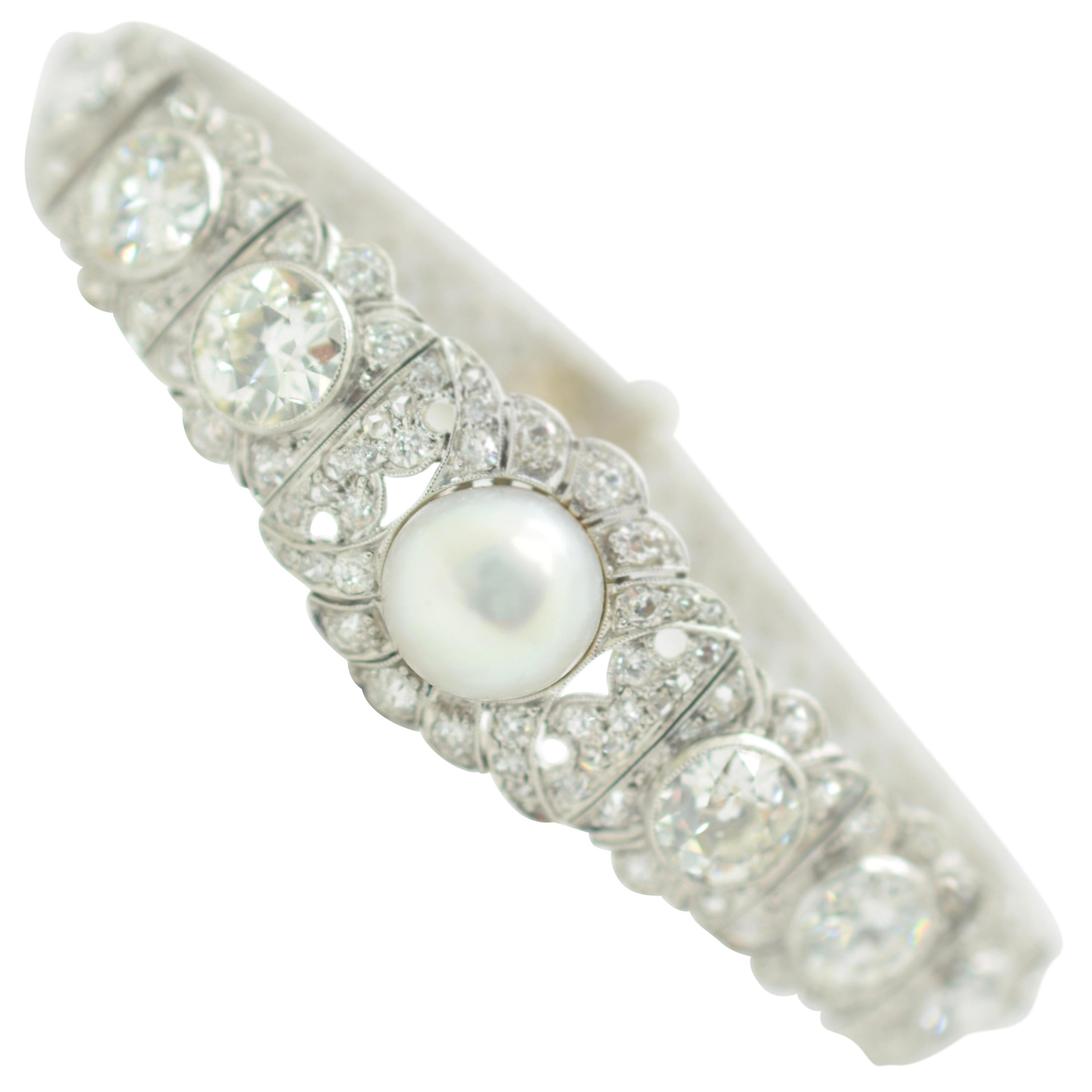 Gia Certified Natural Salt Water Pearl and Diamond Bracelet Art Deco 10.00 Carat