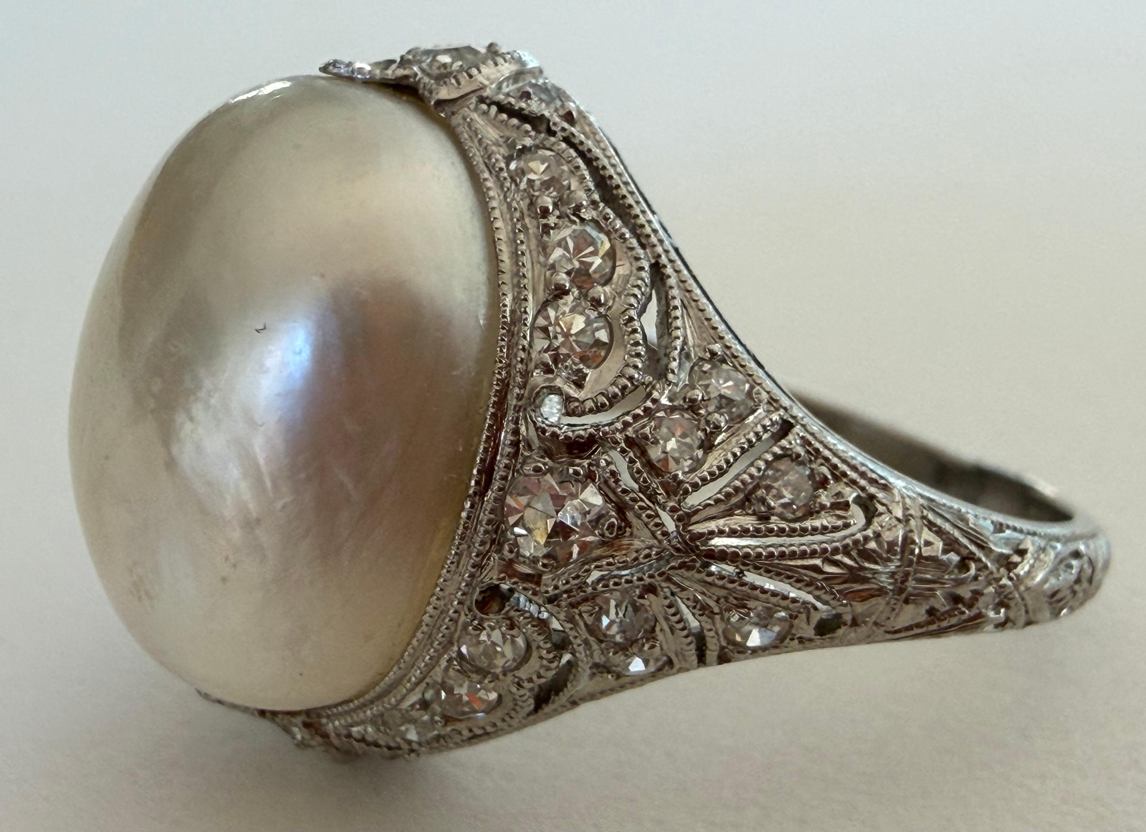 GIA-zertifizierte natürliche Salzwasserperle und Diamant-Cocktailring (Art déco) im Angebot