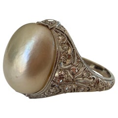 GIA Certified Natural Saltwater Pearl and Diamond Cocktail Ring