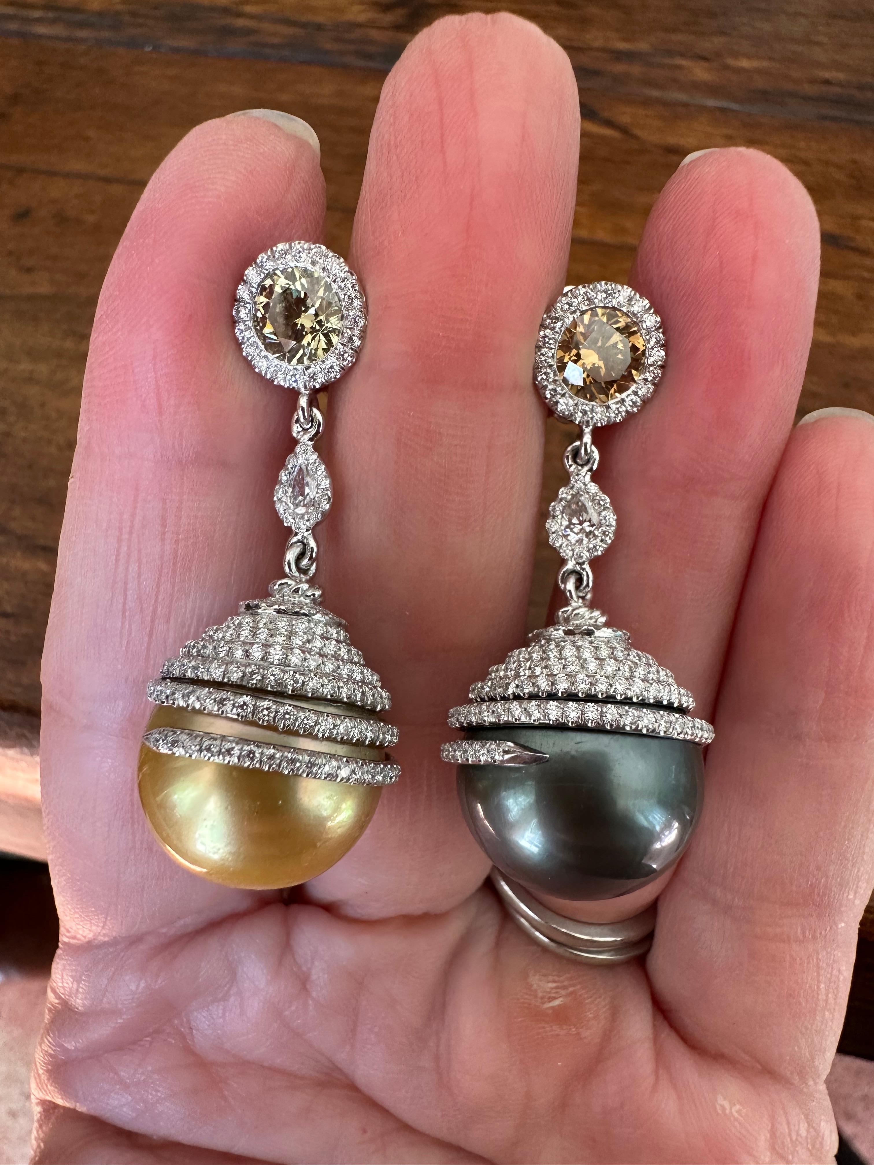 GIA Certified Natural Saltwater Pearl and Fancy Colored Diamond Earrings  In New Condition For Sale In Denver, CO