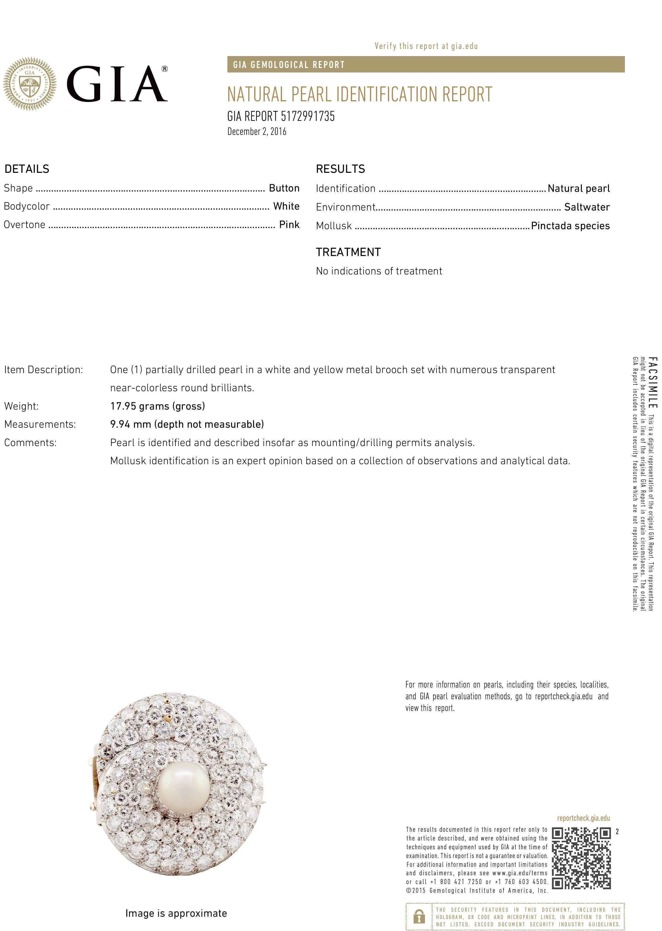 Round Cut GIA Certified Natural Saltwater Pearl Diamond Brooch in Platinum For Sale