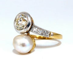 GIA Certified Natural Saltwater Pearl Light Yellow Diamonds Ring 18 Karat*