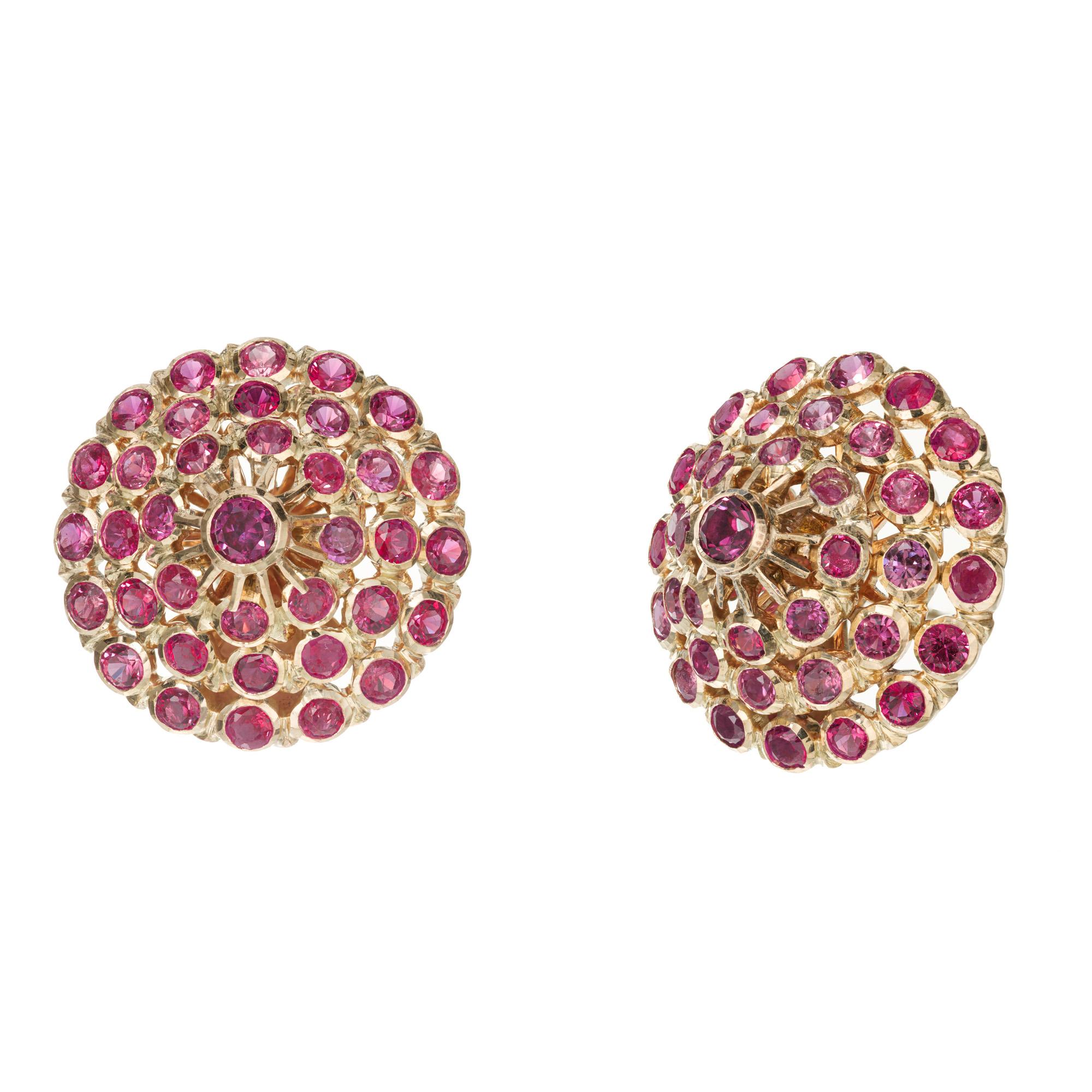 Handmade yellow gold high dome ruby 3-D earrings. GIA certified, 2 round pink/red sapphires with 42 round pink/red natural sapphires set in 14k yellow gold dome settings.  Circa 1950-1960.

2 round pinkish red Sapphires, approx. total weight .30cts,