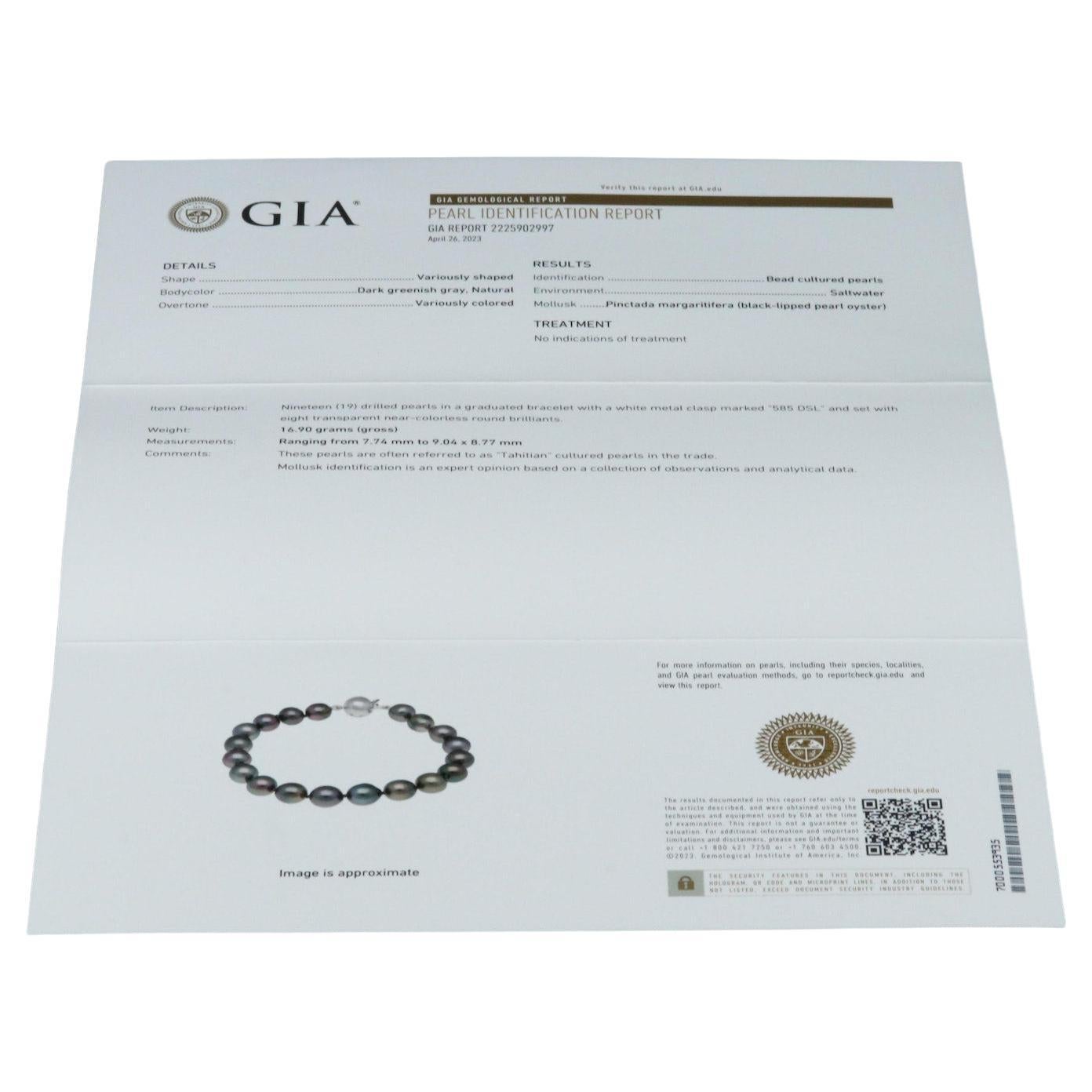 GIA certified Natural Tahitian Pearl Bracelet with 14K Diamond Clasp
Stunning!

Materials:	14K Gold
Bracelet Length:	7.50