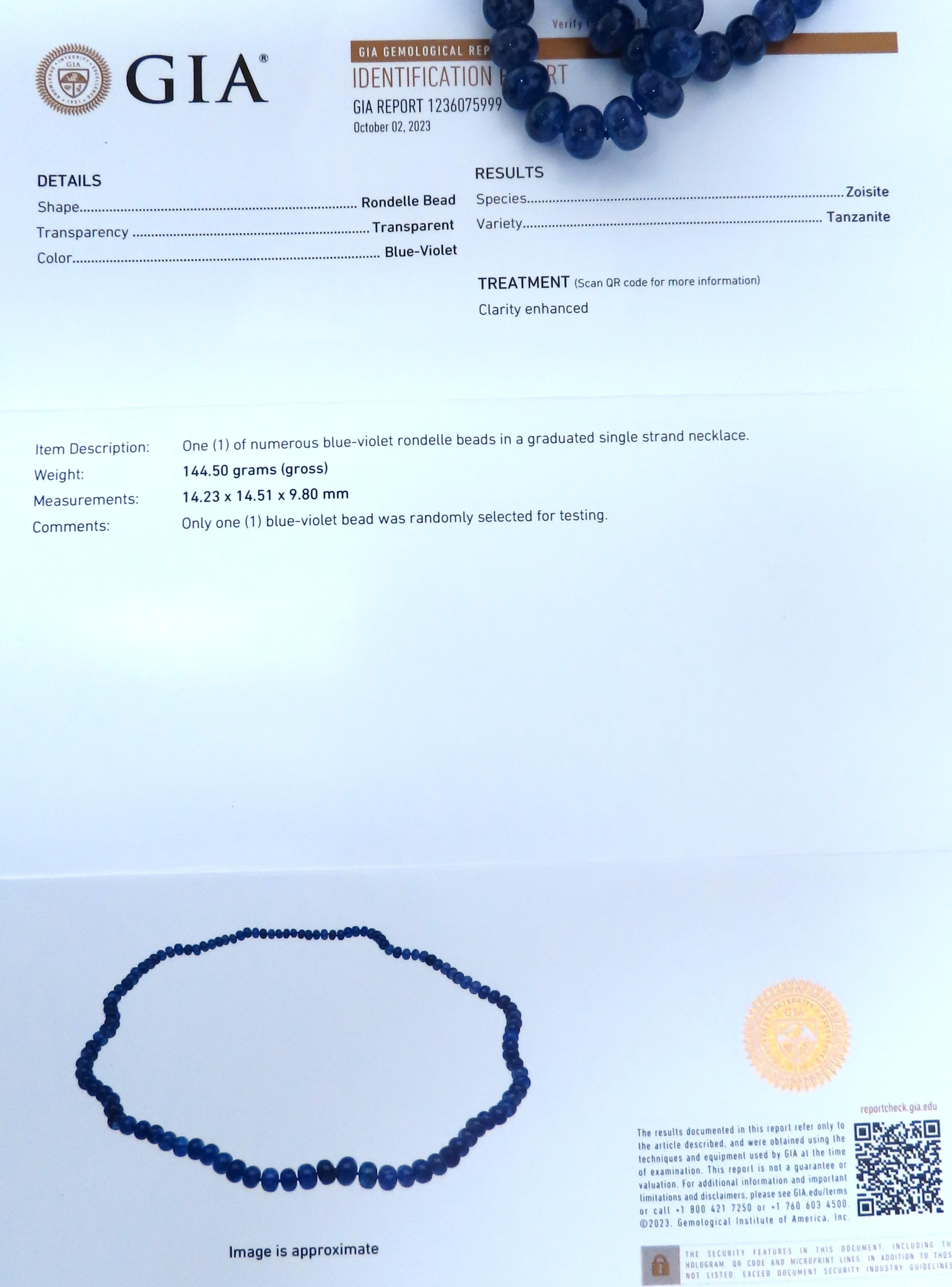 GIA Certified Natural Tanzanite Bead Necklace 12417 For Sale 2