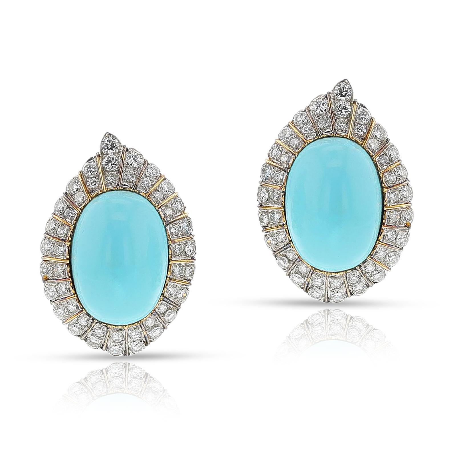 A pair of GIA Certified Natural Turquoise Cabochon and Diamond Earrings made in 18k White Gold. The total weight is 22.57 grams. The dimensions are 1.25