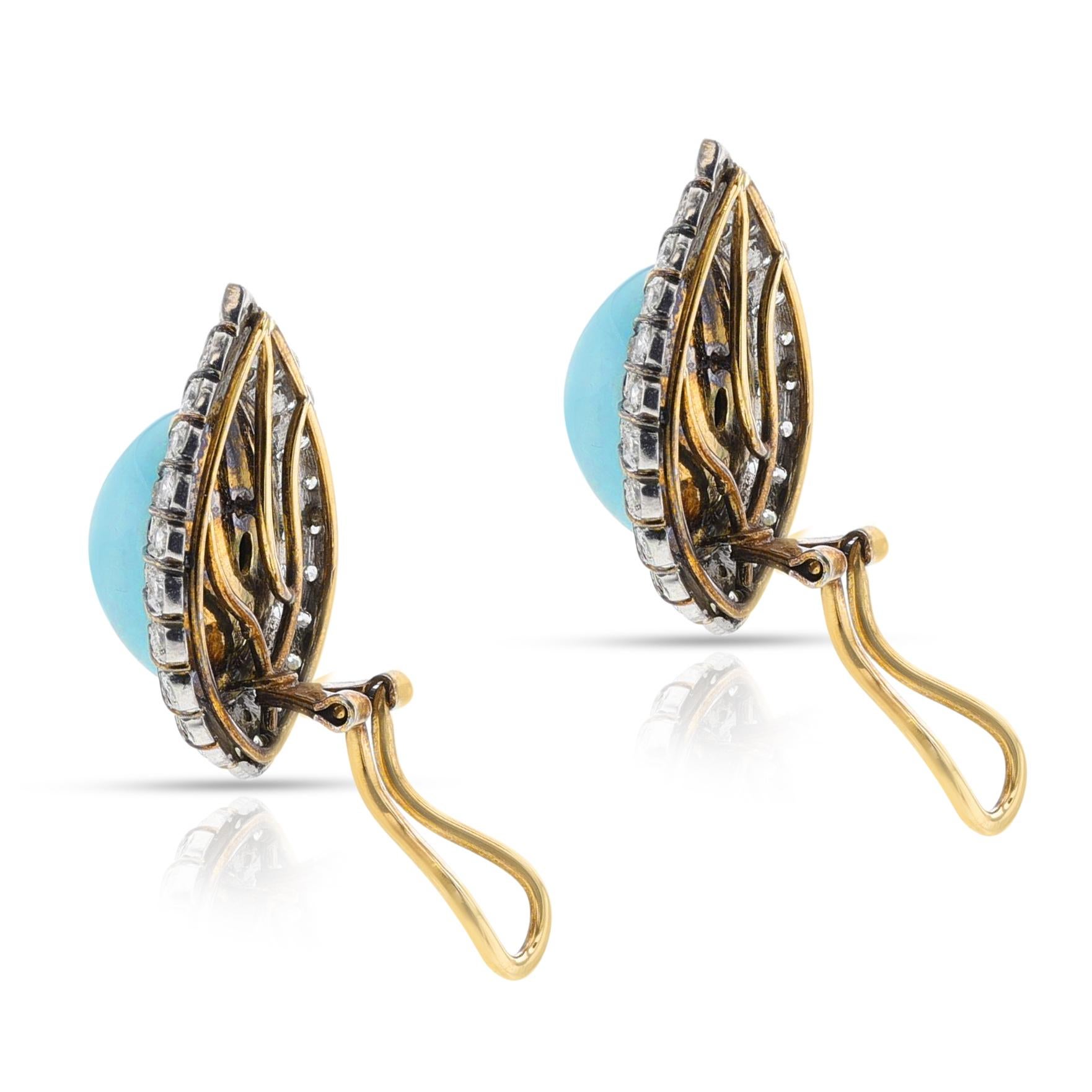 GIA Certified Natural Turquoise Cabochon and Diamond Earrings, 18k In Excellent Condition For Sale In New York, NY