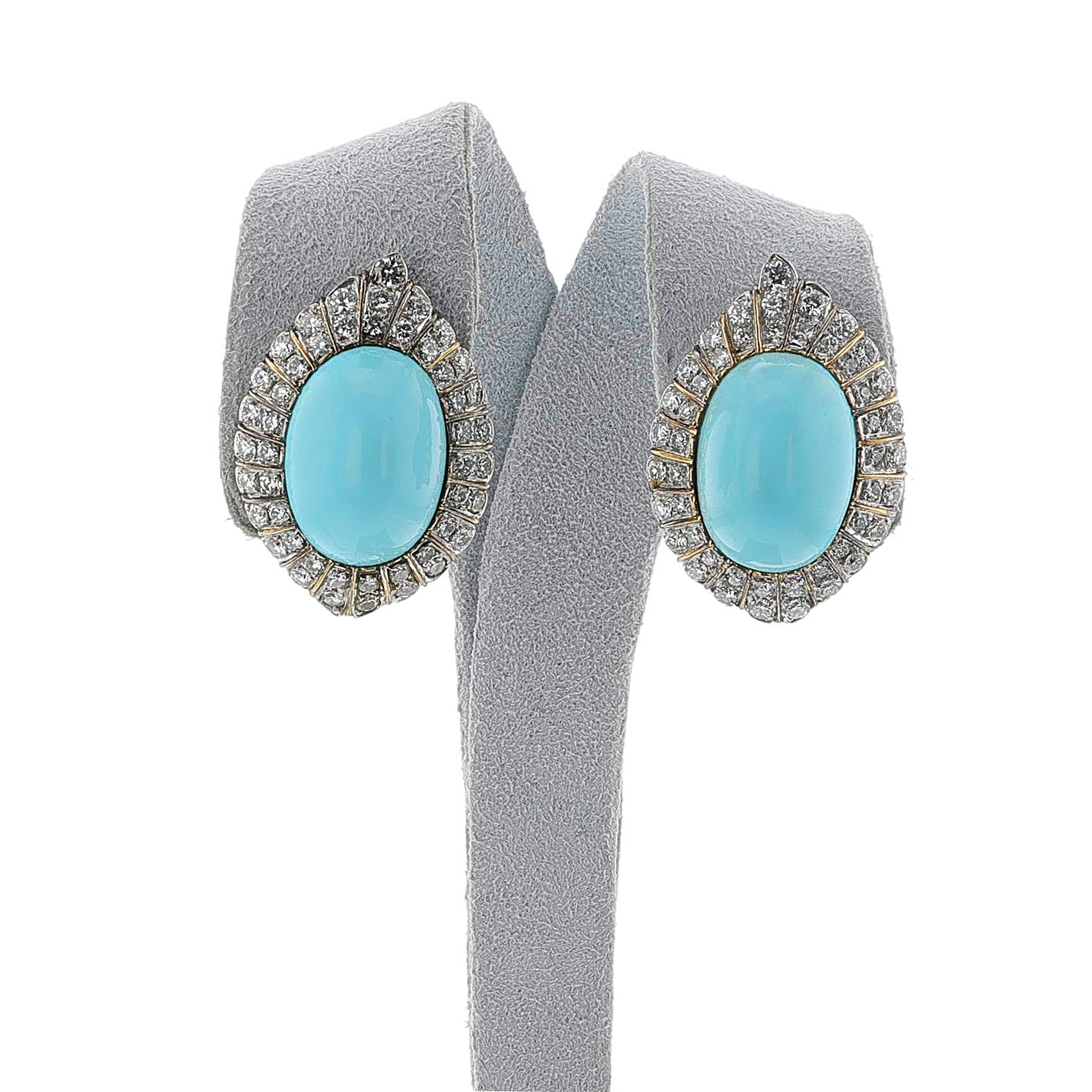 Women's or Men's GIA Certified Natural Turquoise Cabochon and Diamond Earrings, 18k For Sale