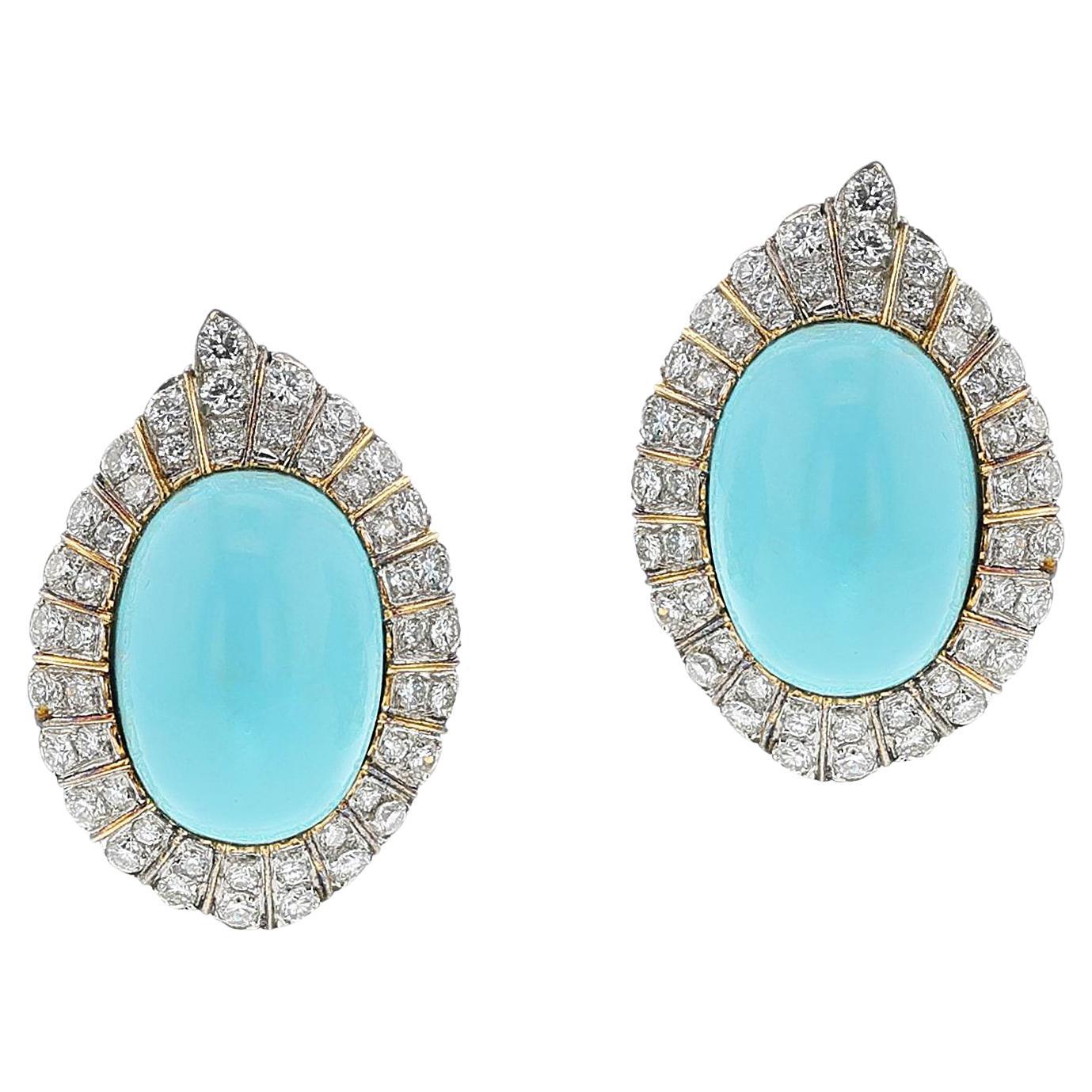 GIA Certified Natural Turquoise Cabochon and Diamond Earrings, 18k