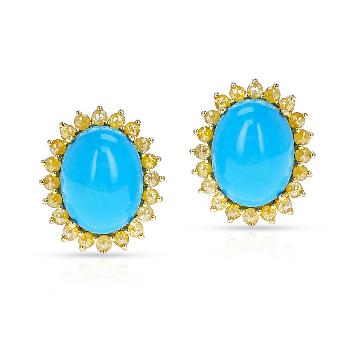 A pair of GIA Certified Natural Turquoise Cabochon Earrings with Yellow Diamonds, made in 18 karat yellow gold. The total weight of the earrings is 10.07 grams. 
