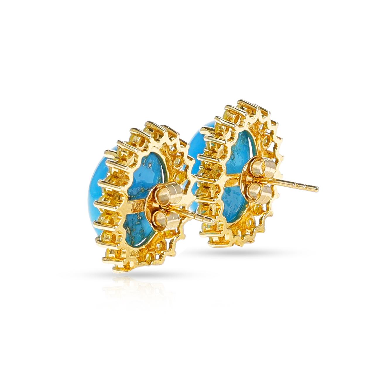Gia Certified Natural Turquoise Cabochon Earrings with Yellow Diamonds, 18k In Excellent Condition For Sale In New York, NY