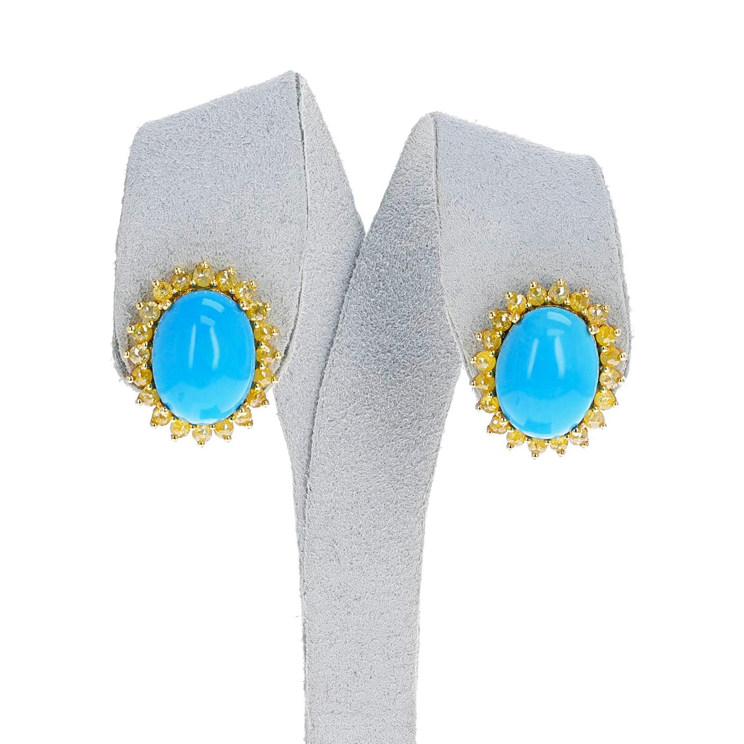 Gia Certified Natural Turquoise Cabochon Earrings with Yellow Diamonds, 18k For Sale 1