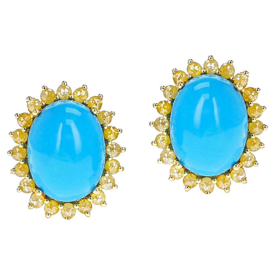 Gia Certified Natural Turquoise Cabochon Earrings with Yellow Diamonds, 18k