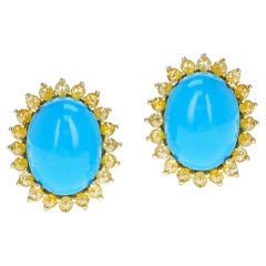 Gia Certified Natural Turquoise Cabochon Earrings with Yellow Diamonds, 18k