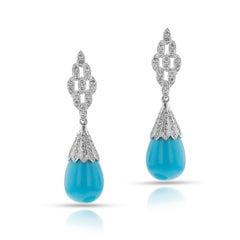 GIA Certified Natural Turquoise Drops and Diamond Earrings, 14k