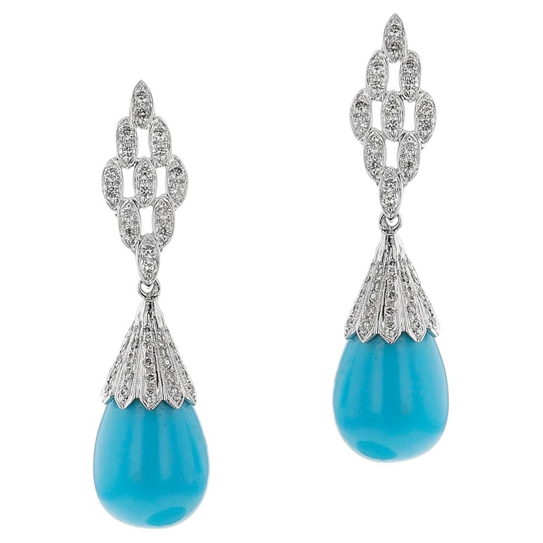 GIA Certified Natural Turquoise Drops and Diamond Earrings, 14k