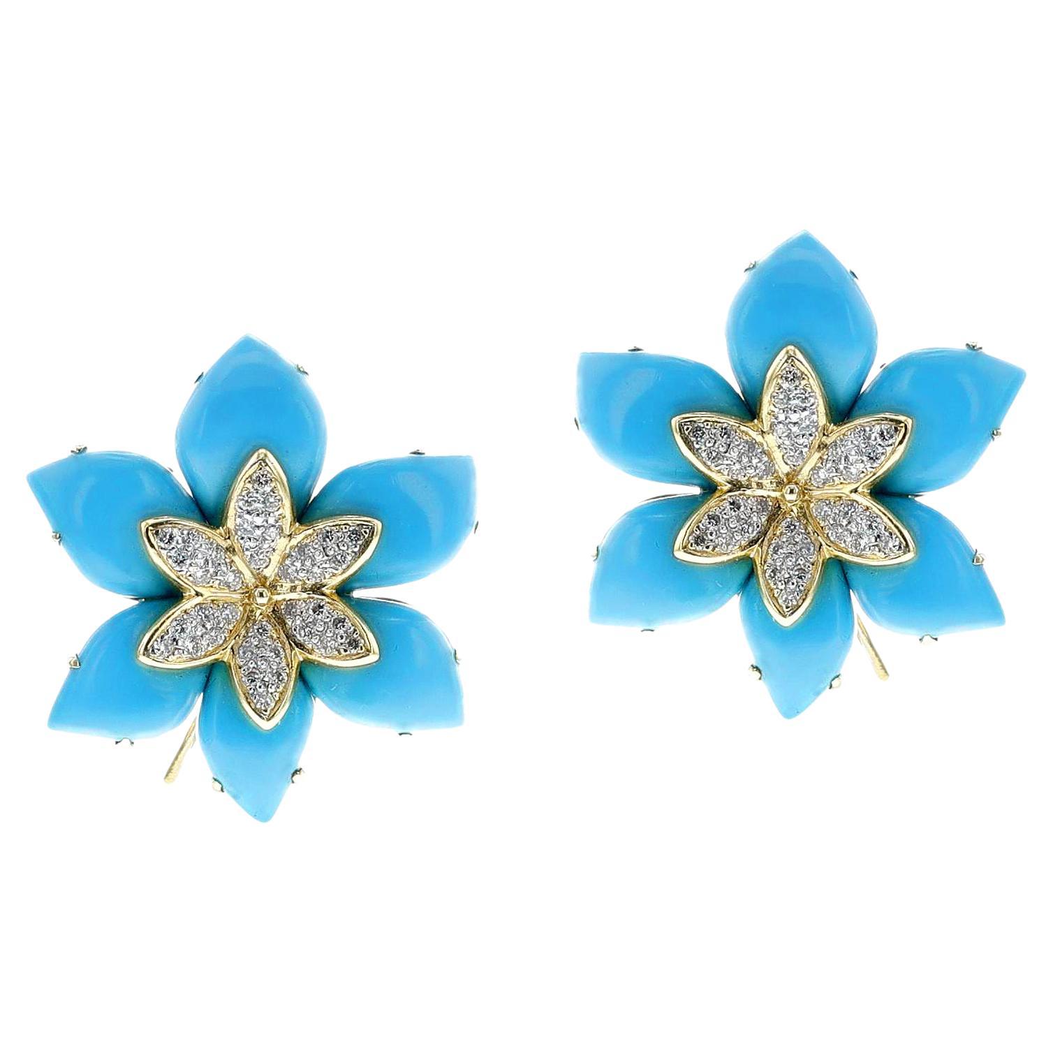 GIA-zertifizierte natürliche Türkis-Blumenohrringe mit Diamanten, 18k