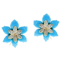 Boucles d'oreilles florales en turquoise naturelle certifiée GIA et diamants, 18 carats