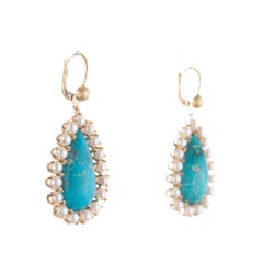 GIA Certified Natural Turquoise Pearl Halo Gold Dangle Earrings