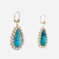 GIA Certified Natural Turquoise Pearl Halo Gold Dangle Earrings