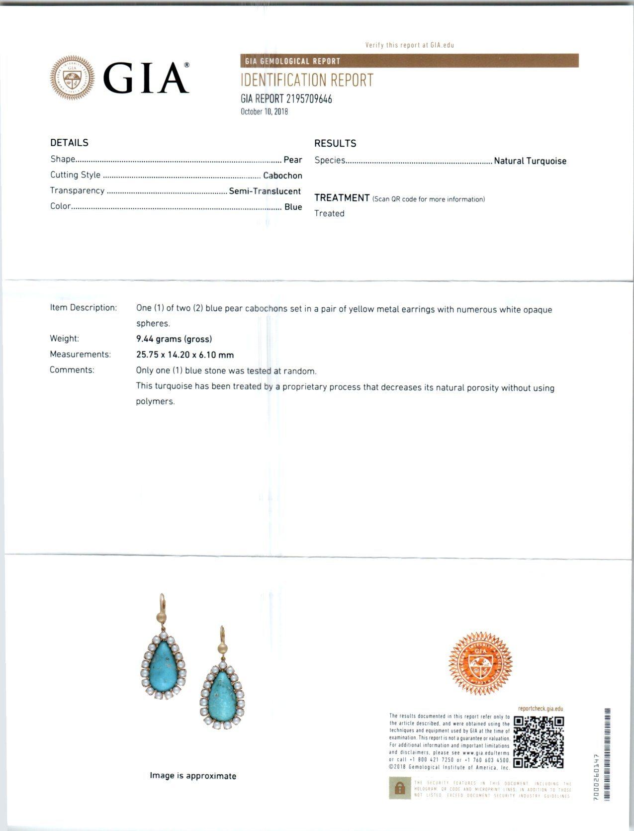 Taille poire Pendants d'oreilles en or avec halo de perles turquoise naturelles certifiées par le GIA en vente