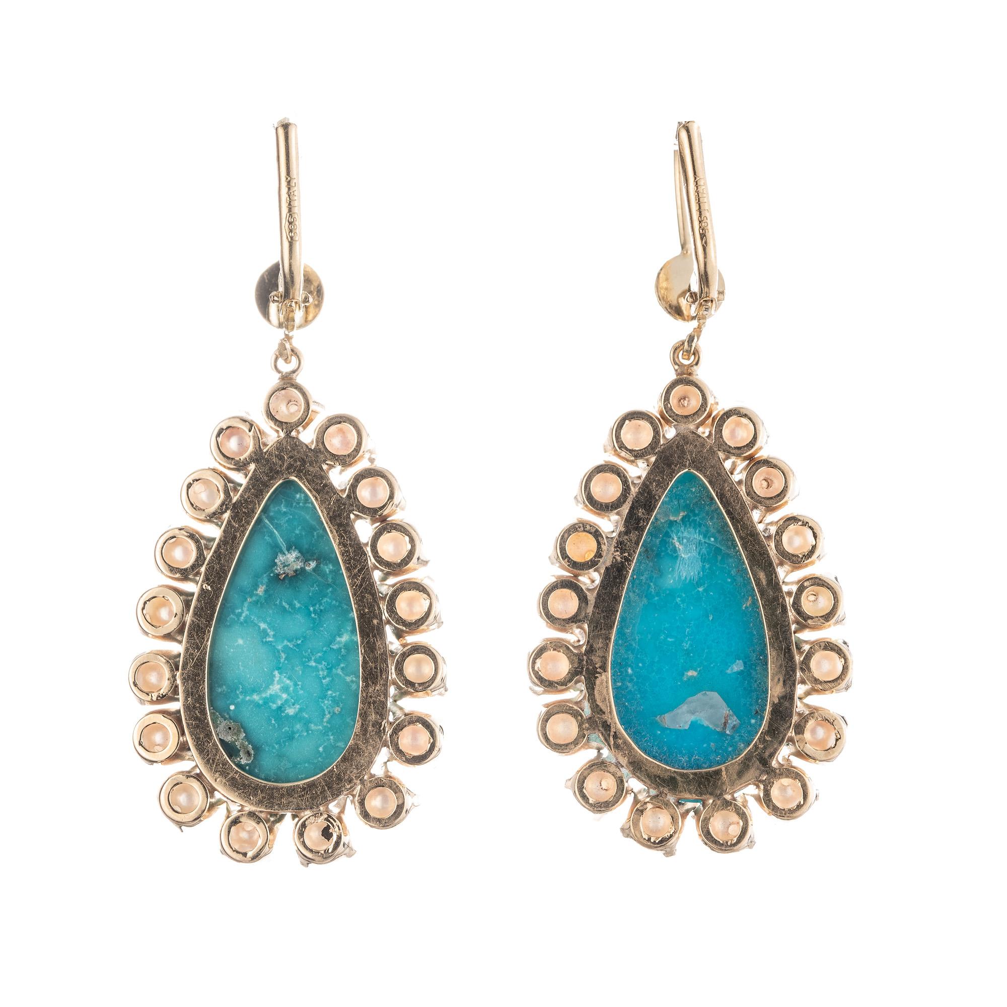 Pendants d'oreilles en or avec halo de perles turquoise naturelles certifiées par le GIA Bon état - En vente à Stamford, CT