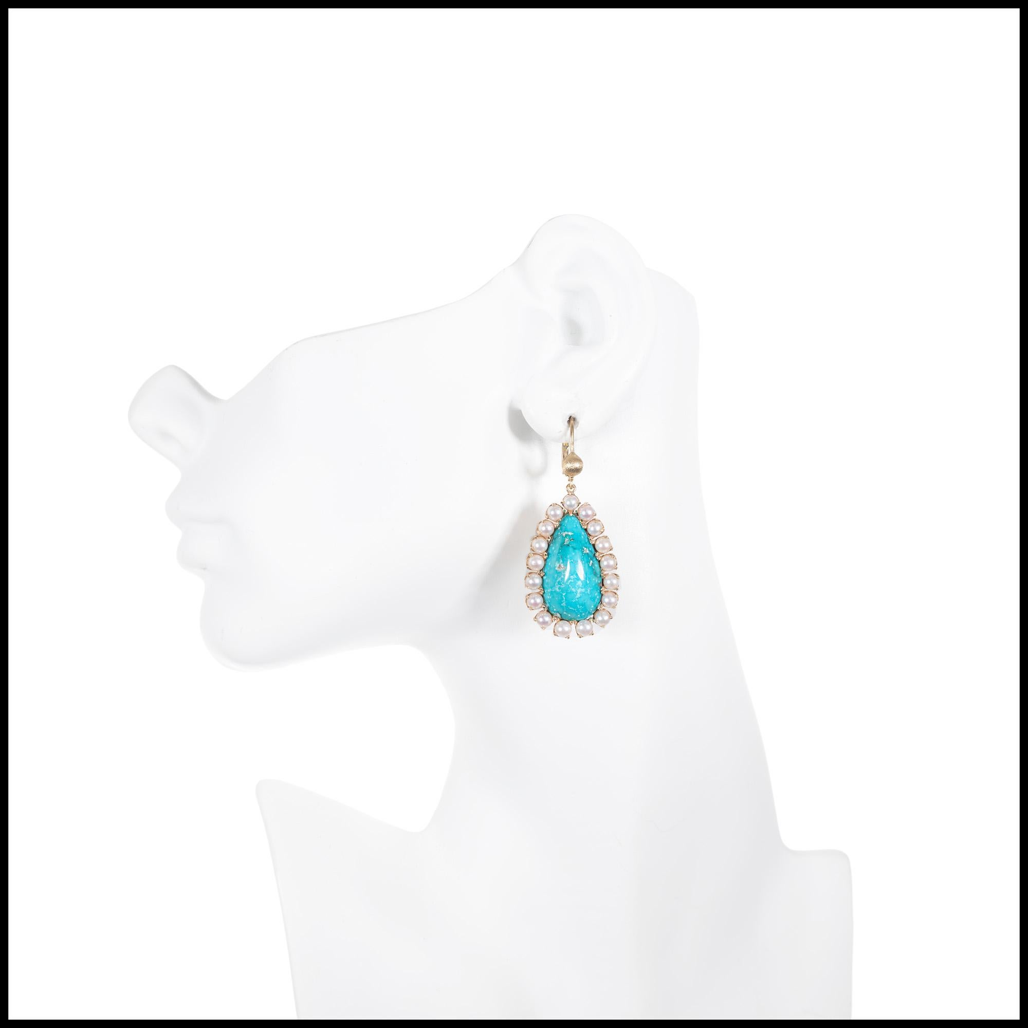 Pendants d'oreilles en or avec halo de perles turquoise naturelles certifiées par le GIA en vente 1