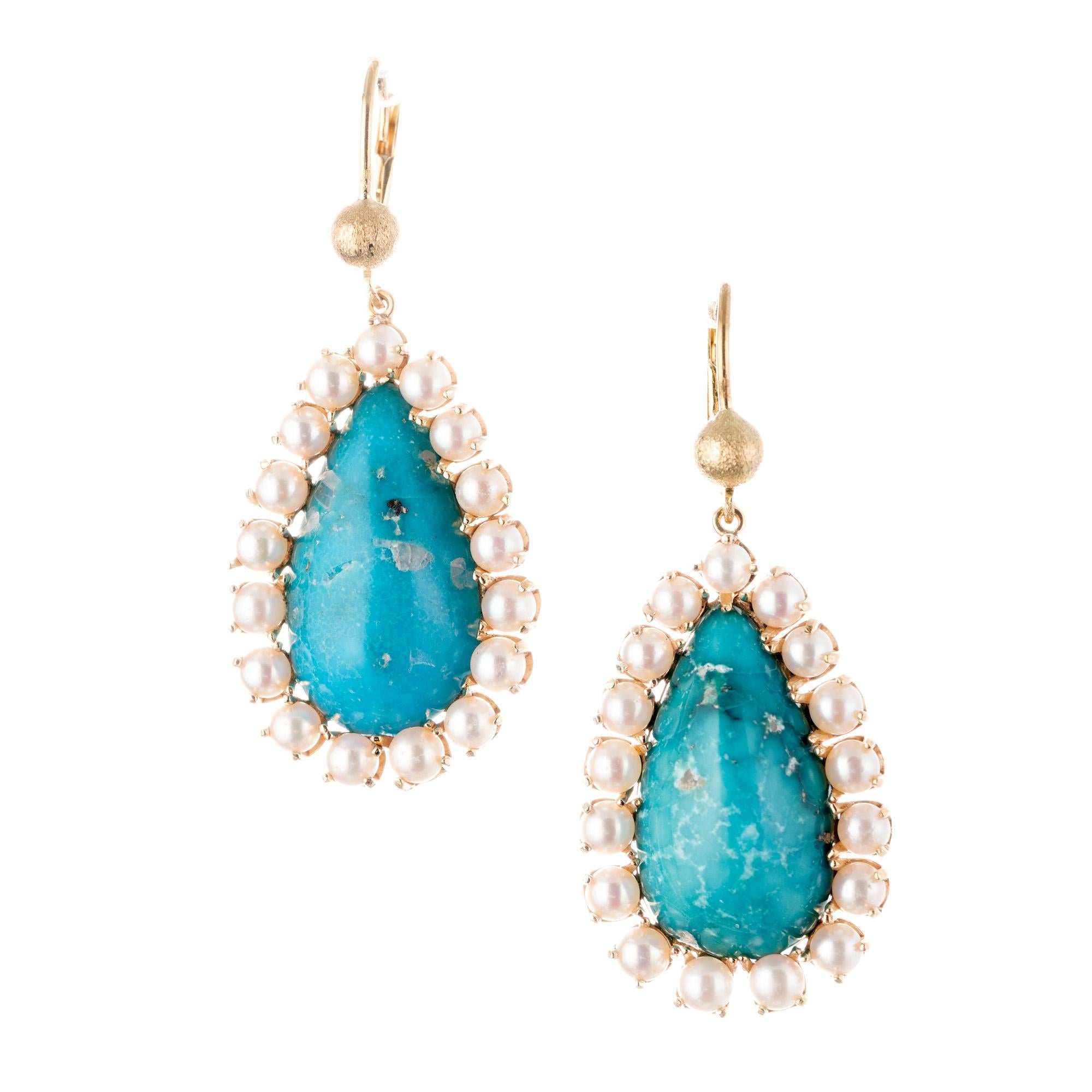 GIA Certified Natural Turquoise Pearl Halo Gold Dangle Earrings For Sale
