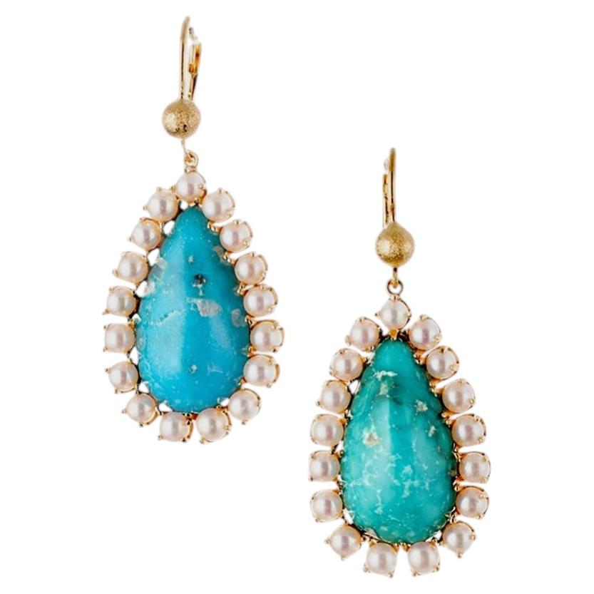 GIA Certified Natural Turquoise Pearl Halo Gold Dangle Earrings For Sale