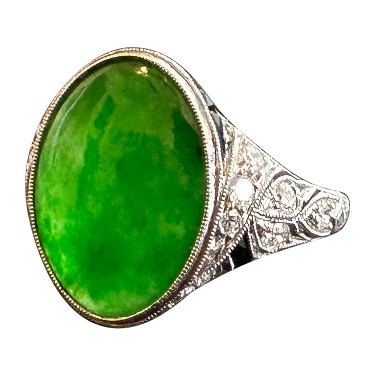 GIA Certified Natural Type A Jade Old Mine Diamond Black Onyx Platinum Ring 1910 For Sale
