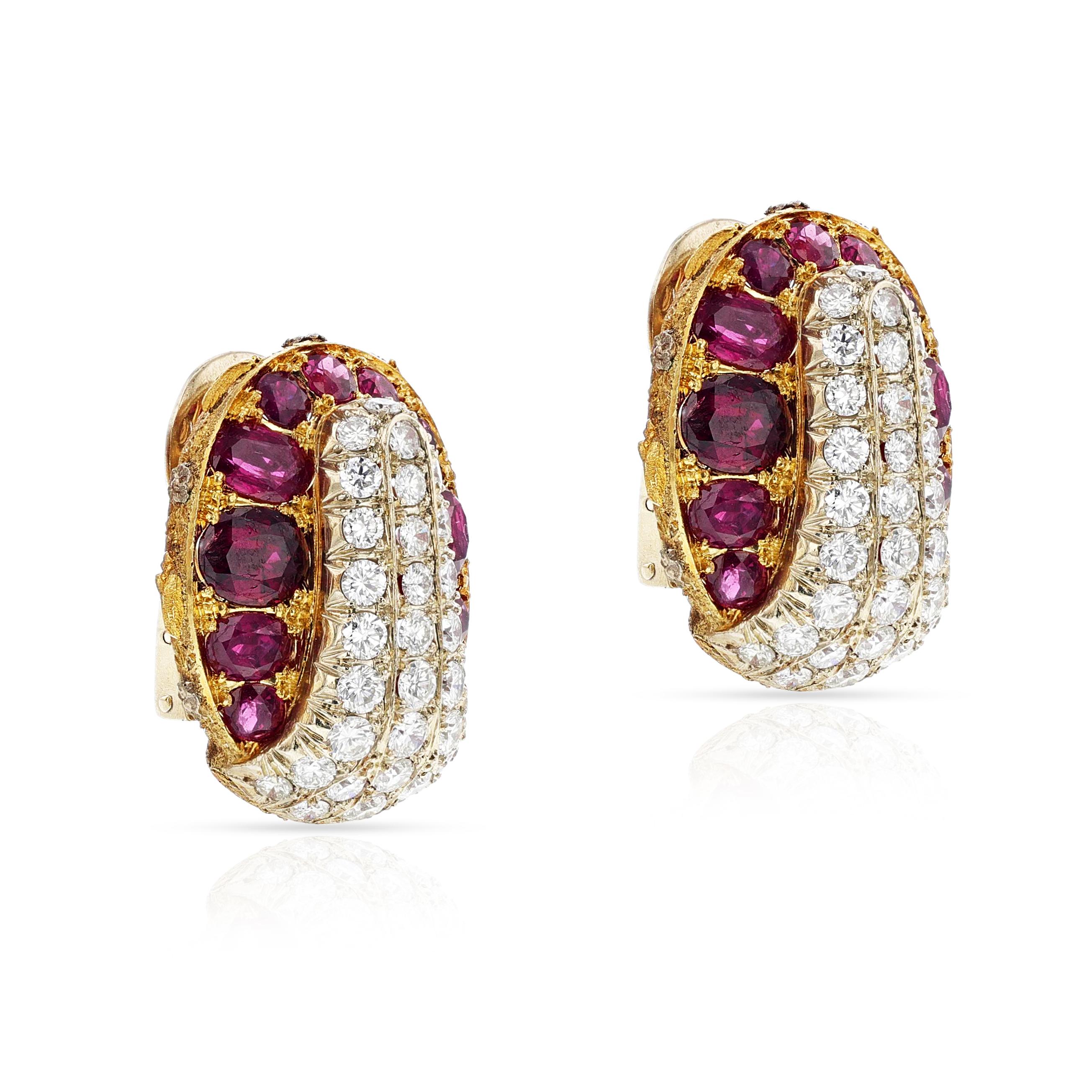Mixed Cut GIA Certified Natural, Unheated Ruby and Diamond 18K Yellow Gold Earrings