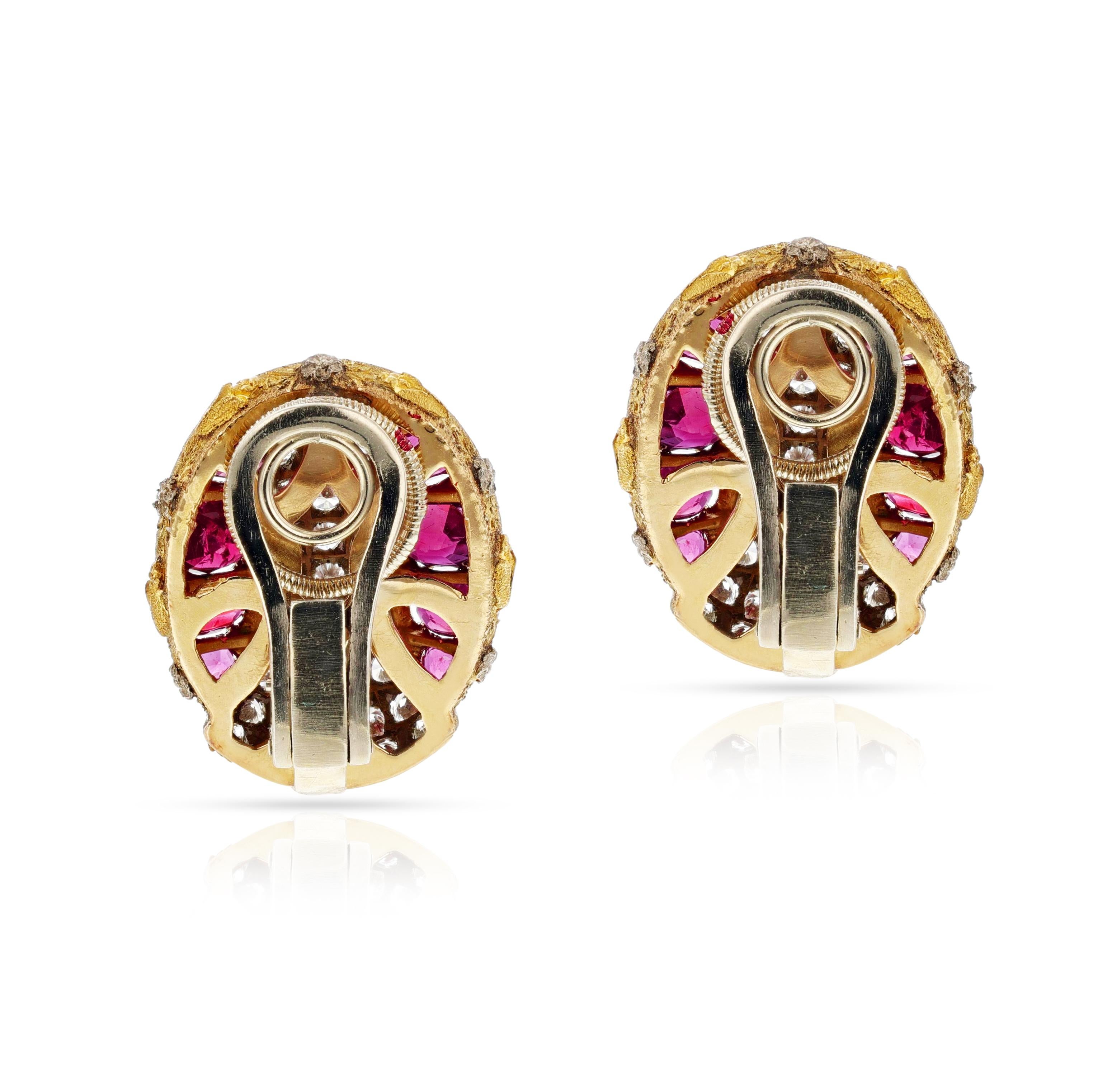 Women's or Men's GIA Certified Natural, Unheated Ruby and Diamond 18K Yellow Gold Earrings