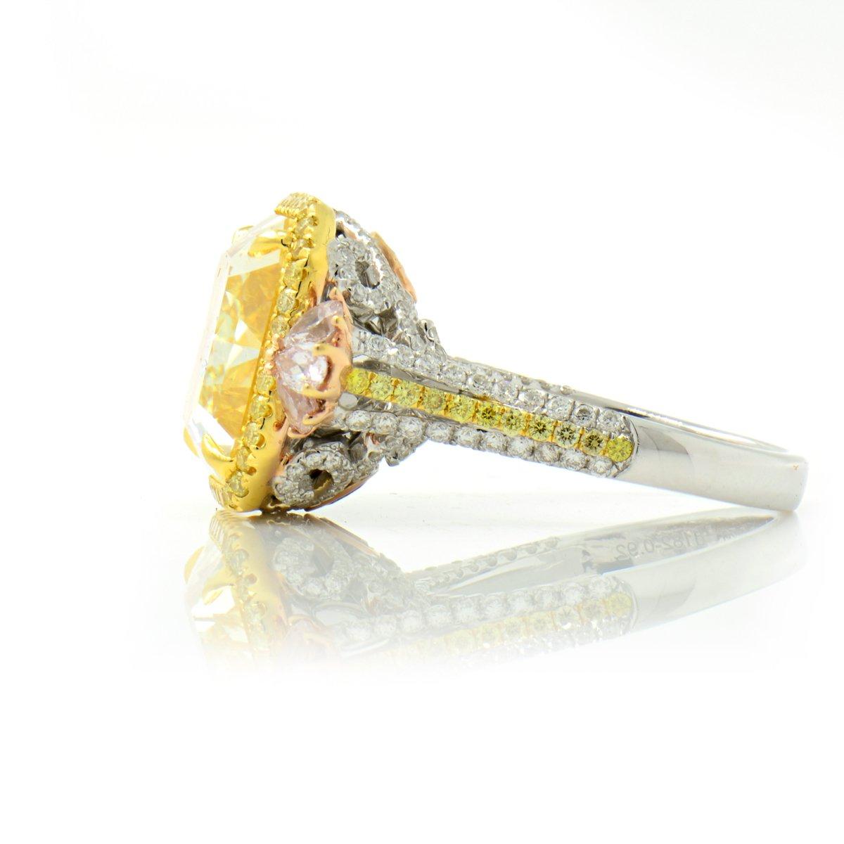 Radiant Cut GIA Certified Natural Untreated 14.14 Carat Yellow Pink White Diamond Ring For Sale