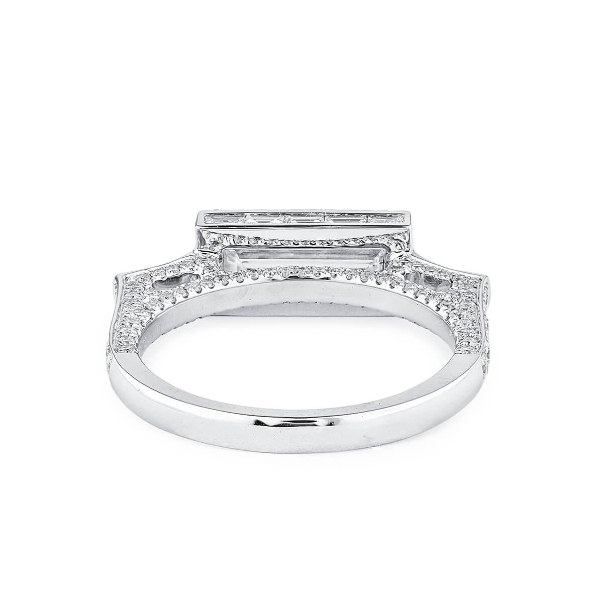 This contemporary piece consists of one 0.80 Carat Baguette Shape main white diamond and is complimented by surrounding smaller natural white diamonds making up a total of 1.73 Carats. This piece has been expertly crafted using 18 Karat White Gold.