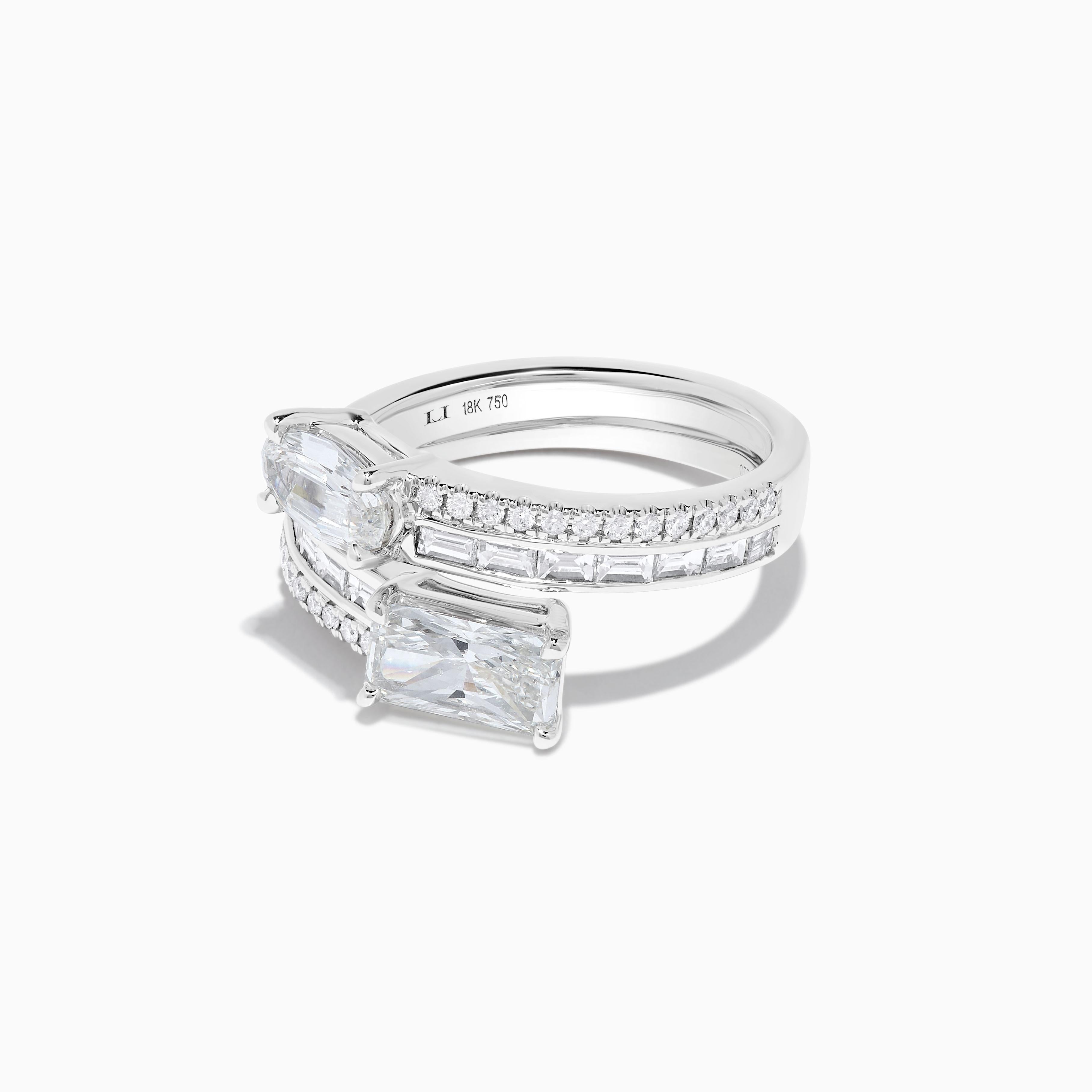 RareGemWorld's intriguing diamond ring. Mounted in a beautiful 18K White Gold setting with a natural radiant cut white diamond and a natural oval cut white diamond. These diamonds are surrounded by natural baguette cut white diamonds and natural