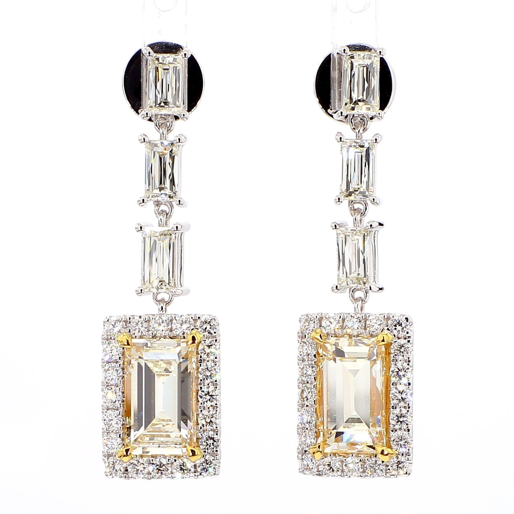 Contemporary GIA Certified Natural Yellow Baguette Diamond 6.57 Carat TW Gold Drop Earrings For Sale