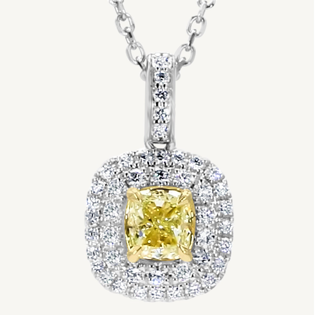GIA Certified Natural Yellow Cushion and White Diamond 1.00 Carat Gold Pendant For Sale