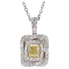 GIA Certified Natural Yellow Cushion and White Diamond 1.16ct TW Gold Pendant