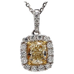 GIA Certified Natural Yellow Cushion and White Diamond 1.35ct TW Gold Pendant