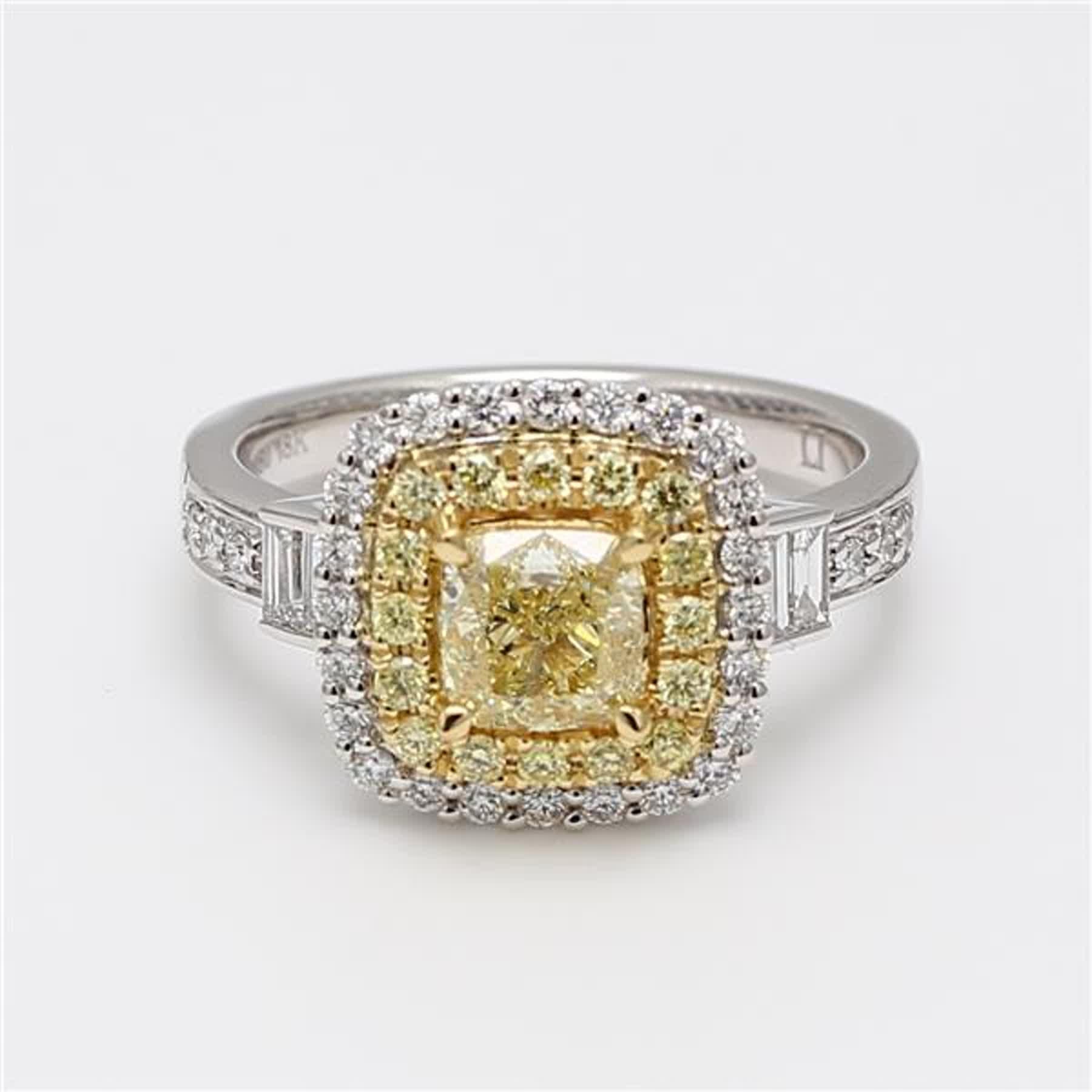 RareGemWorld's classic GIA certified diamond ring. Mounted in a beautiful 18K Yellow and White Gold and Platinum setting with a natural cushion cut yellow diamond. The yellow diamond is surrounded by natural baguette cut white diamonds, round