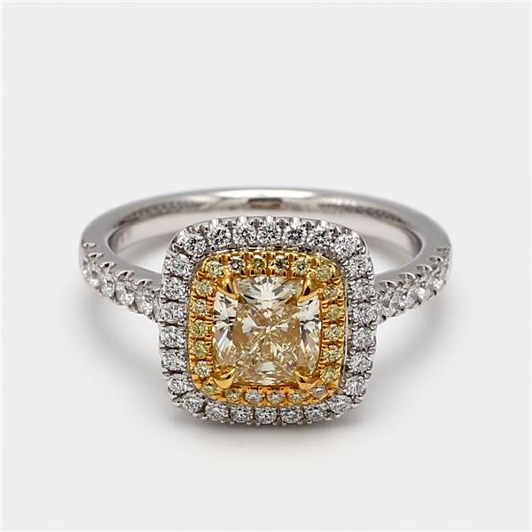 GIA certified rare square cushion natural yellow diamond surrounded with natural round white and yellow diamonds. This ring is designed to be in a simple setting. Can be used as an engagement ring or in addition to your collection of jewels. 

Total