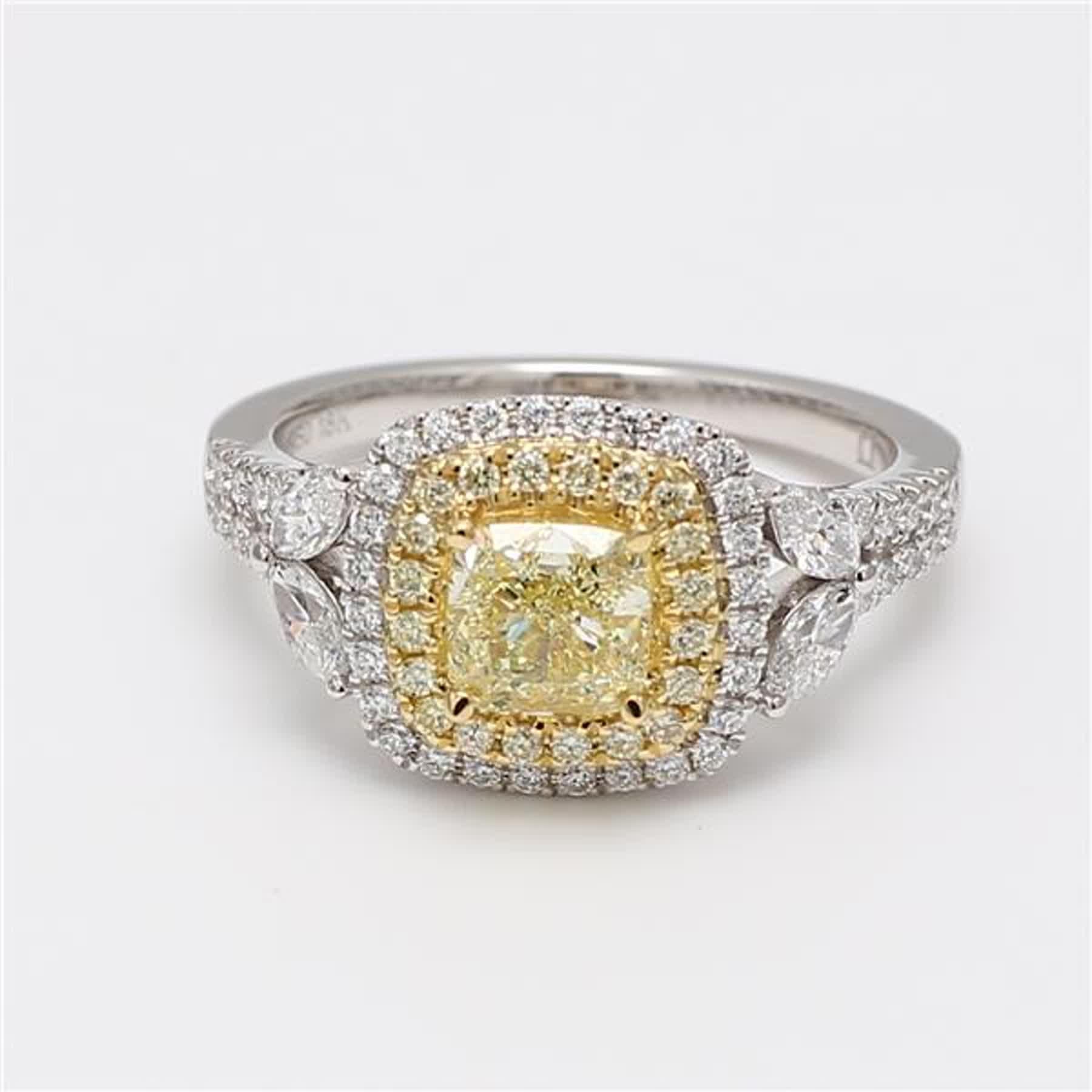 GIA certified rare square cushion natural yellow diamond surrounded with natural round white diamonds and round yellow diamonds. This ring is designed to be in a simple setting. Can be used as an engagement ring or in addition to your collection of