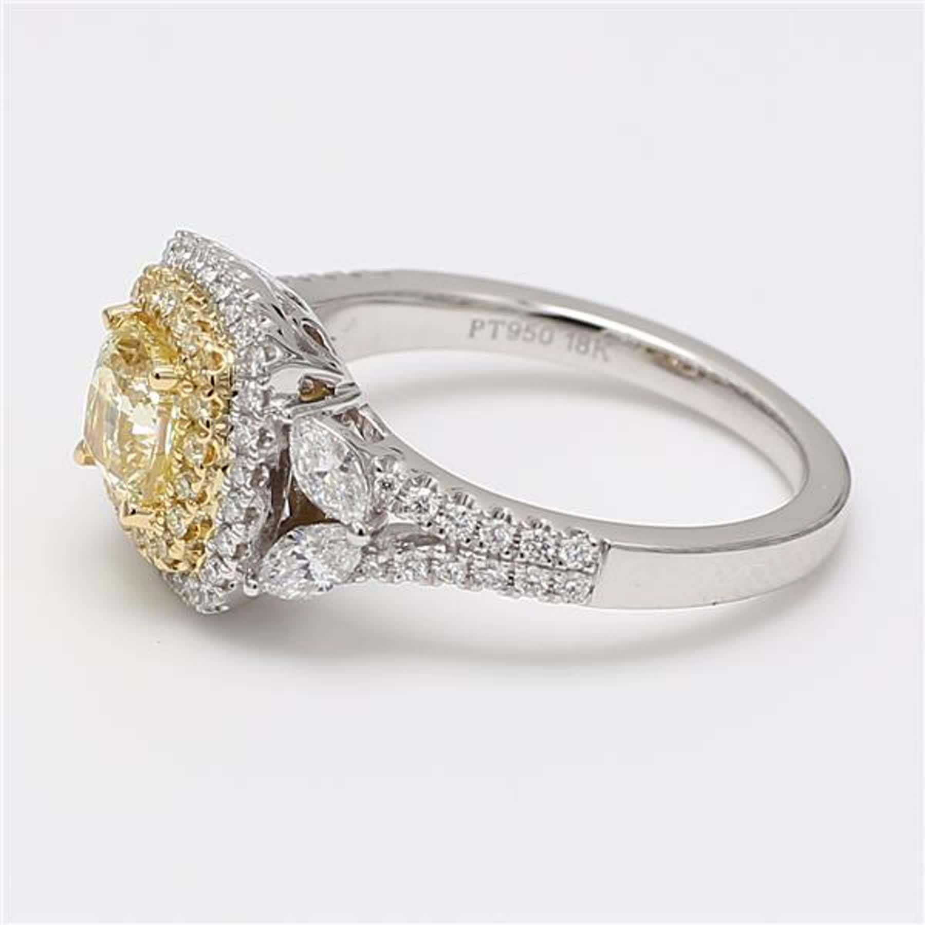 Contemporary GIA Certified Natural Yellow Cushion and White Diamond 1.72 Carat TW Plat Ring