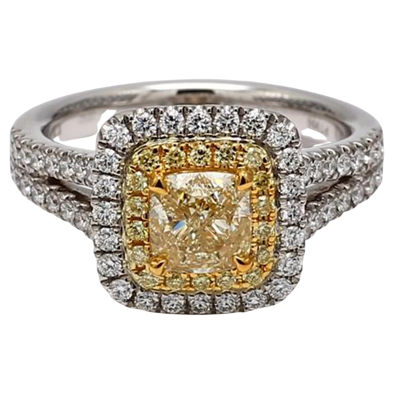 GIA Certified Natural Yellow Cushion and White Diamond 1.72 Carat TW Plat Ring For Sale