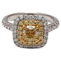 GIA Certified Natural Yellow Cushion and White Diamond 1.78 Carat TW Gold Ring