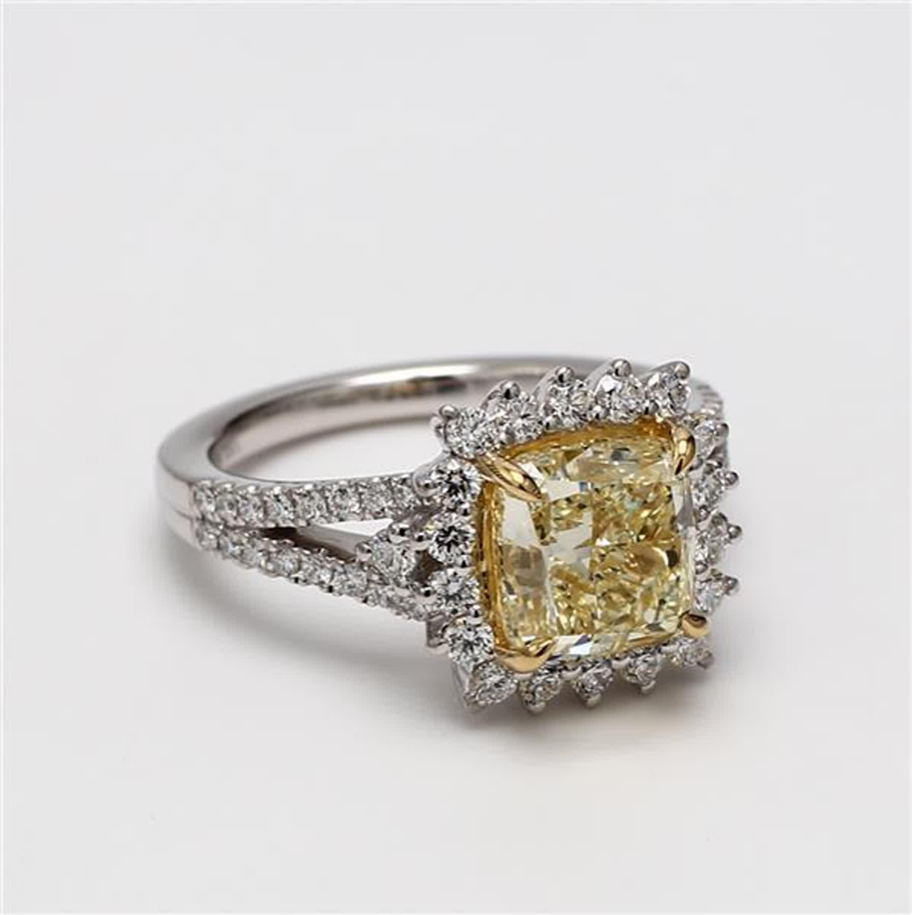 GIA Certified Natural Yellow Cushion and White Diamond 1.90 Carat TW Gold Ring In New Condition In New York, NY