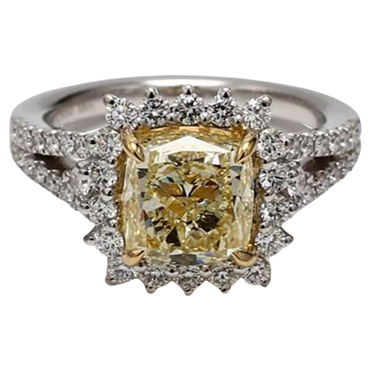 GIA Certified Natural Yellow Cushion and White Diamond 1.90 Carat TW Gold Ring