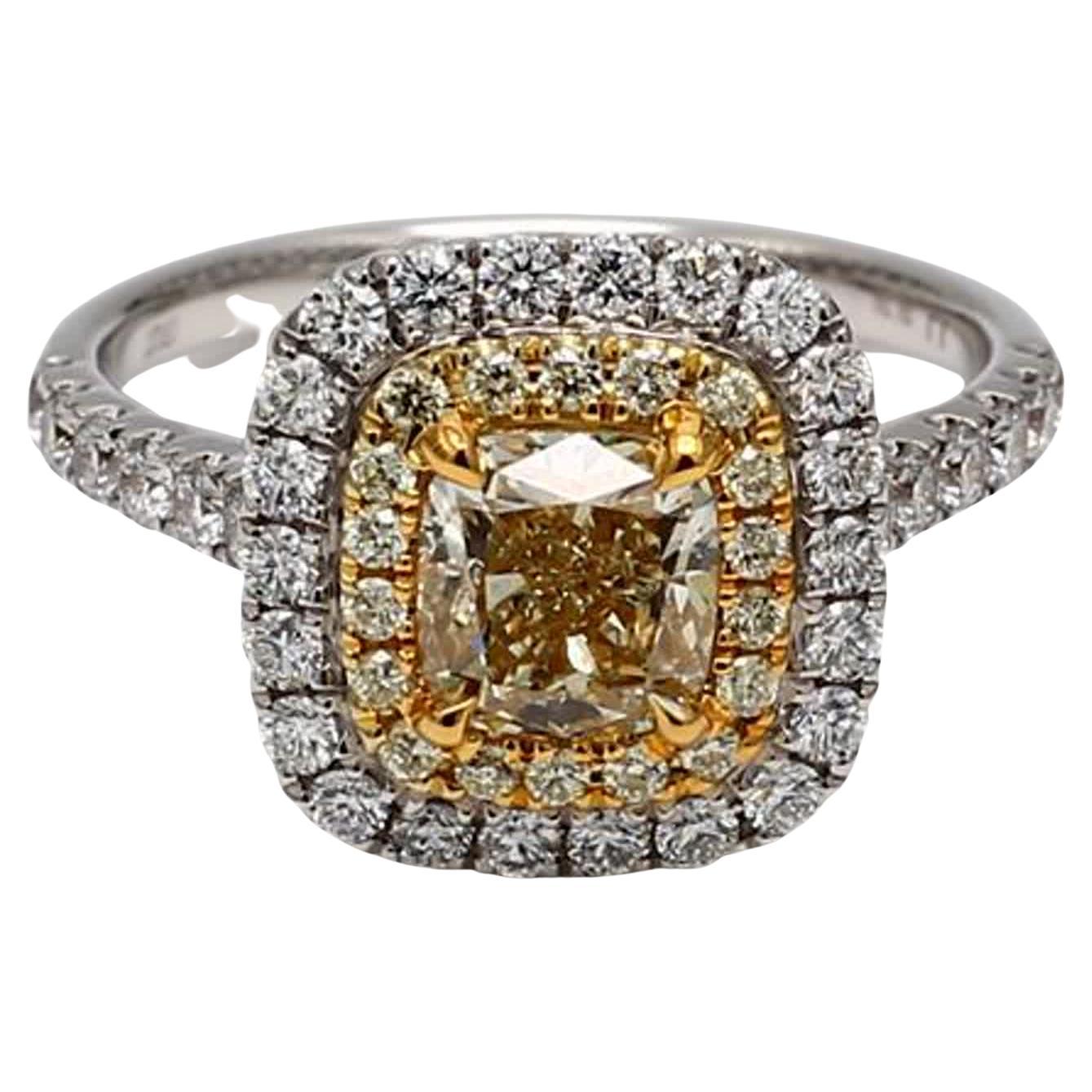 GIA Certified Natural Yellow Cushion and White Diamond 1.95 Carat TW Gold Ring For Sale