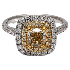 GIA Certified Natural Yellow Cushion and White Diamond 1.95 Carat TW Gold Ring