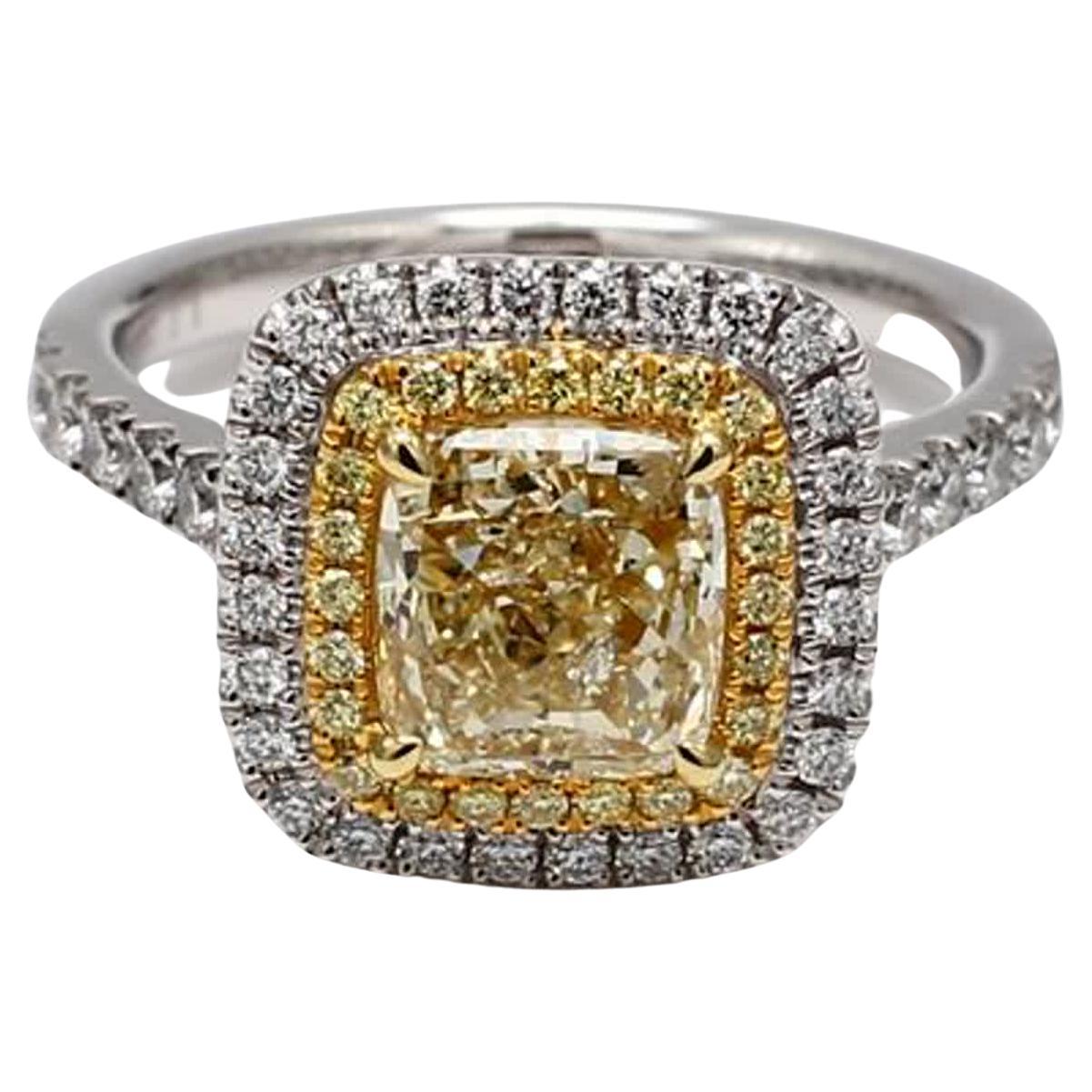 GIA Certified Natural Yellow Cushion and White Diamond 2.62 Carat TW Plat Ring For Sale